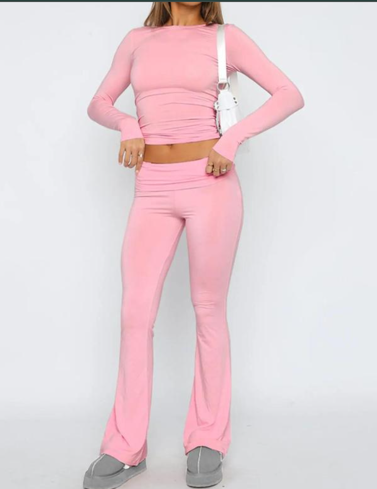 Women’s Solid Long Sleeve Crop Top & Flare Leg Pants Loungewear Set – Casual Round Neck Tee with Bell-Bottom Leggings, Comfortable Two-Piece Sleepwear
