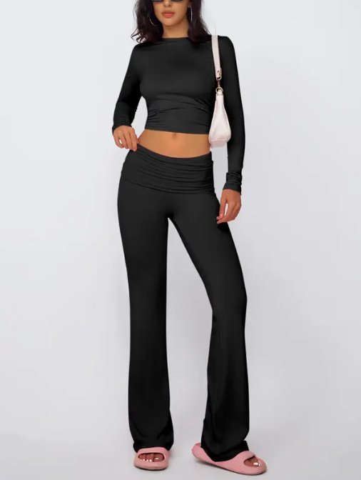 Women’s Solid Long Sleeve Crop Top & Flare Leg Pants Loungewear Set – Casual Round Neck Tee with Bell-Bottom Leggings, Comfortable Two-Piece Sleepwear