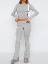 Women’s Solid Long Sleeve Crop Top & Flare Leg Pants Loungewear Set – Casual Round Neck Tee with Bell-Bottom Leggings, Comfortable Two-Piece Sleepwear